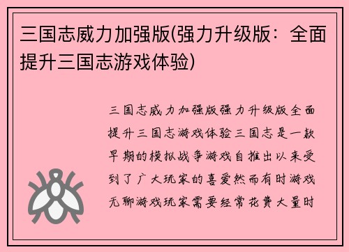三国志威力加强版(强力升级版：全面提升三国志游戏体验)